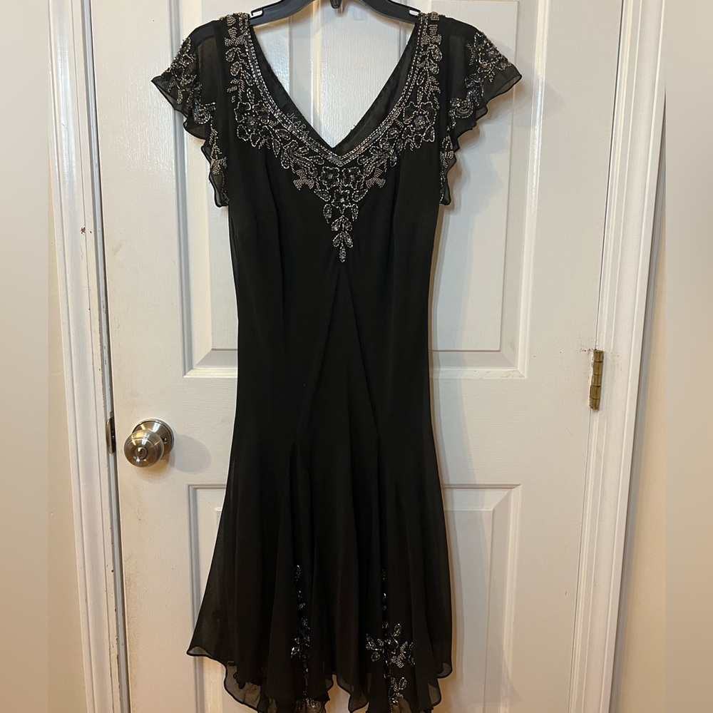 JKara flutter sleeve beaded cocktail dress.